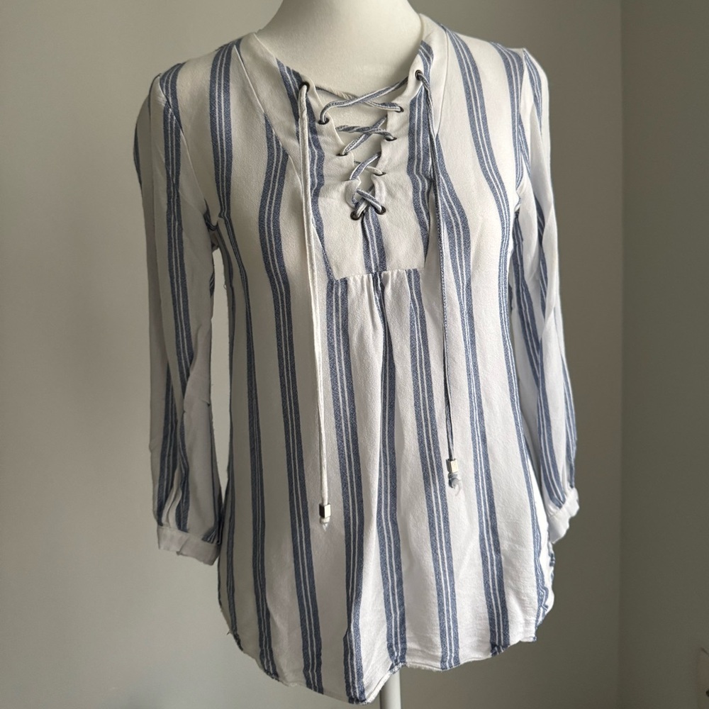 Striped Lace-Up Blouse - Blue and White
